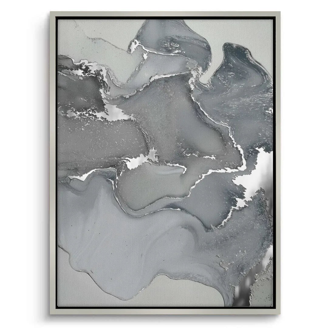 Vertical framed canvas print dark grey fluid art in white frame