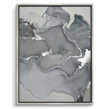 Vertical framed canvas print dark grey fluid art in white frame
