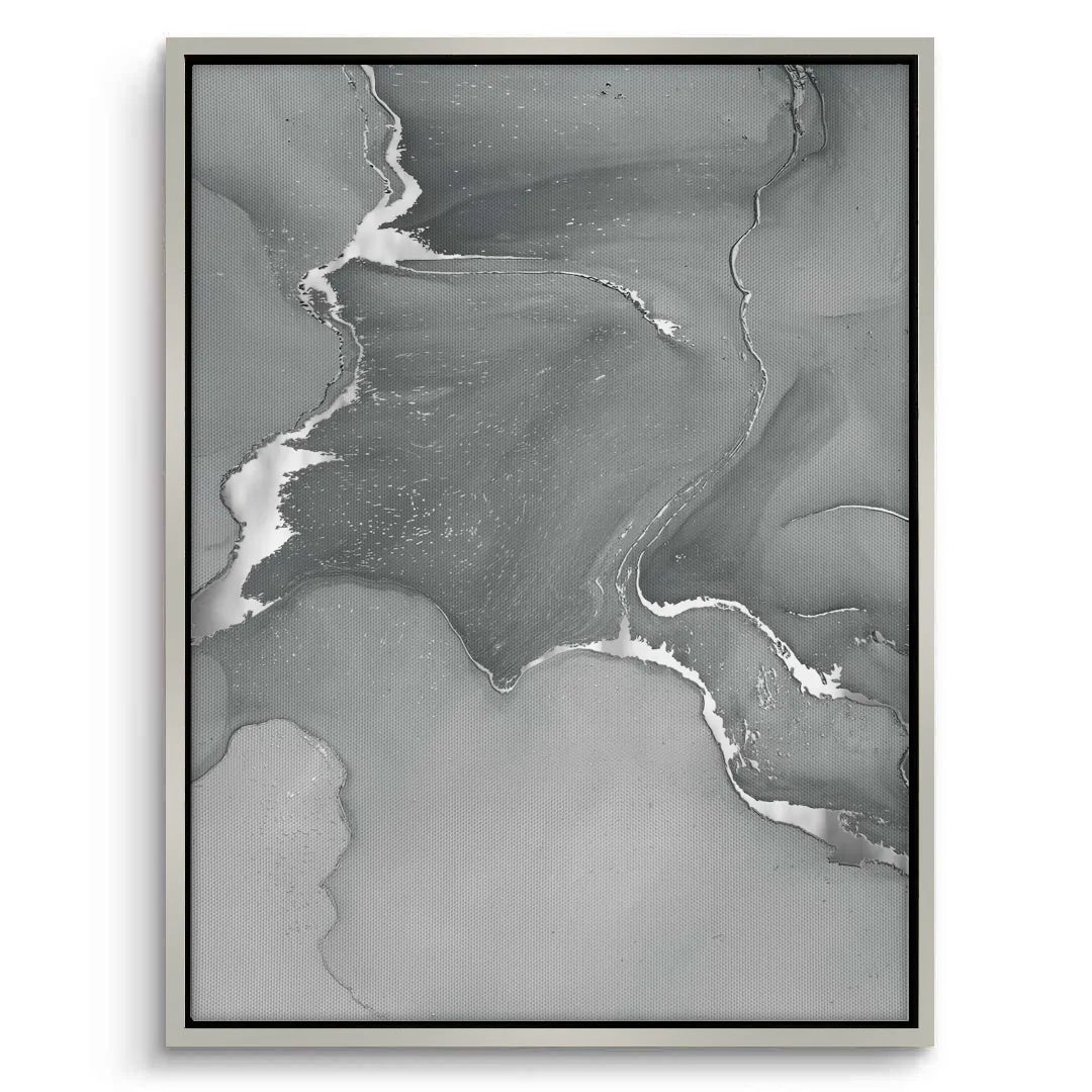 Modern abstract canvas art with silver metallic river flow in white frame
