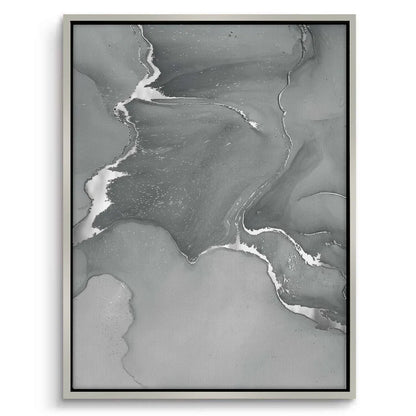 Modern abstract canvas art with silver metallic river flow in white frame