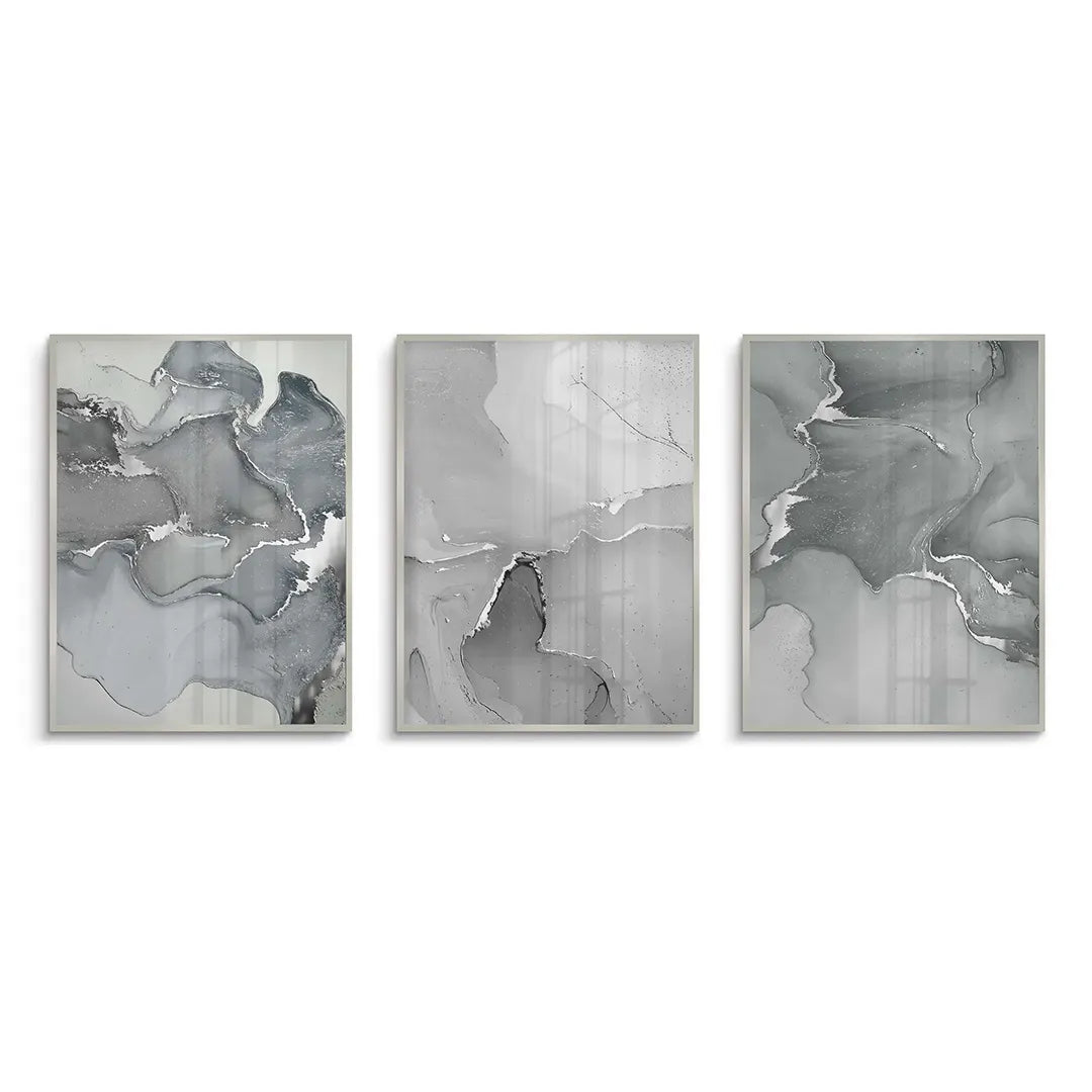 2Three-piece abstract grey wall art set white framed fine art