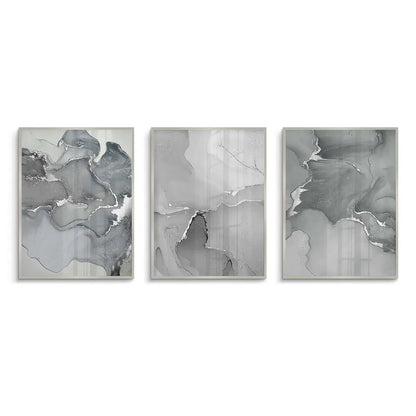 Three-piece abstract grey wall art set white framed fine art