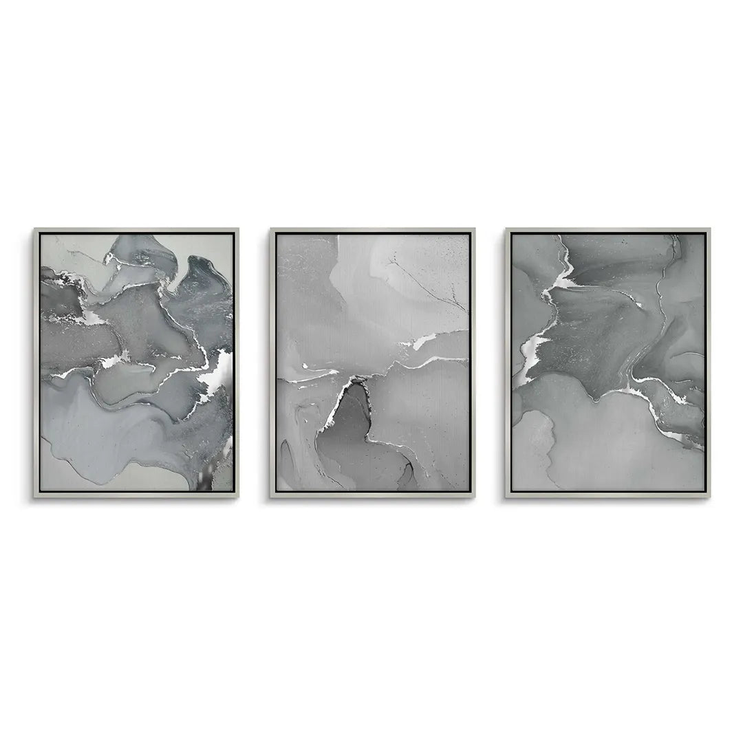 Set of 3 framed abstract canvas art grey silver in white frames