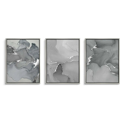 Set of 3 framed abstract canvas art grey silver in white frames