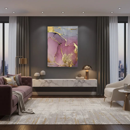 Framed abstract fine art print on wall in dark modern living room, pink, purple, gray, and gold fluid art