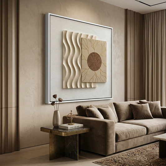 Minimalist abstract artwork with layered wave textures and golden hues, ideal for stylish UAE interiors