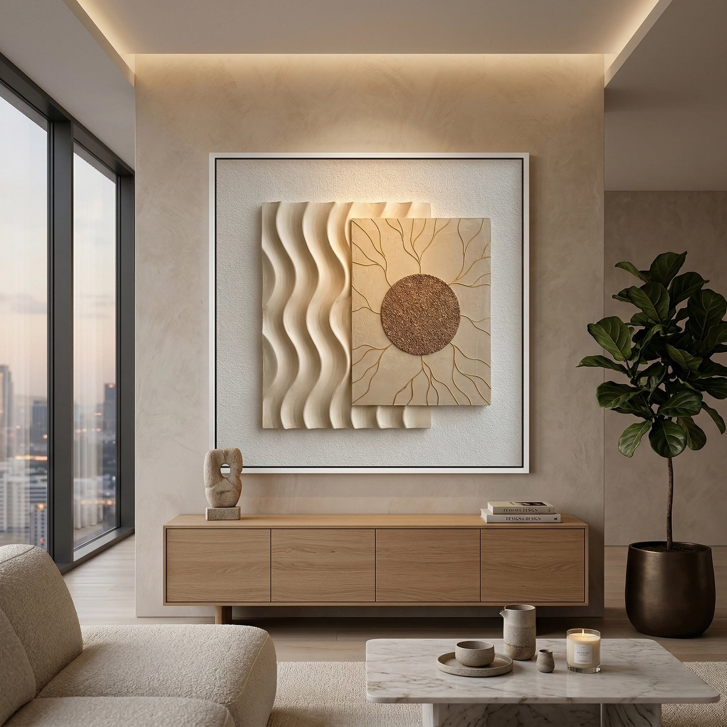 2Contemporary Solar Wave Relief wall decor showcasing dynamic textures and subtle solar-inspired palette for UAE living spaces