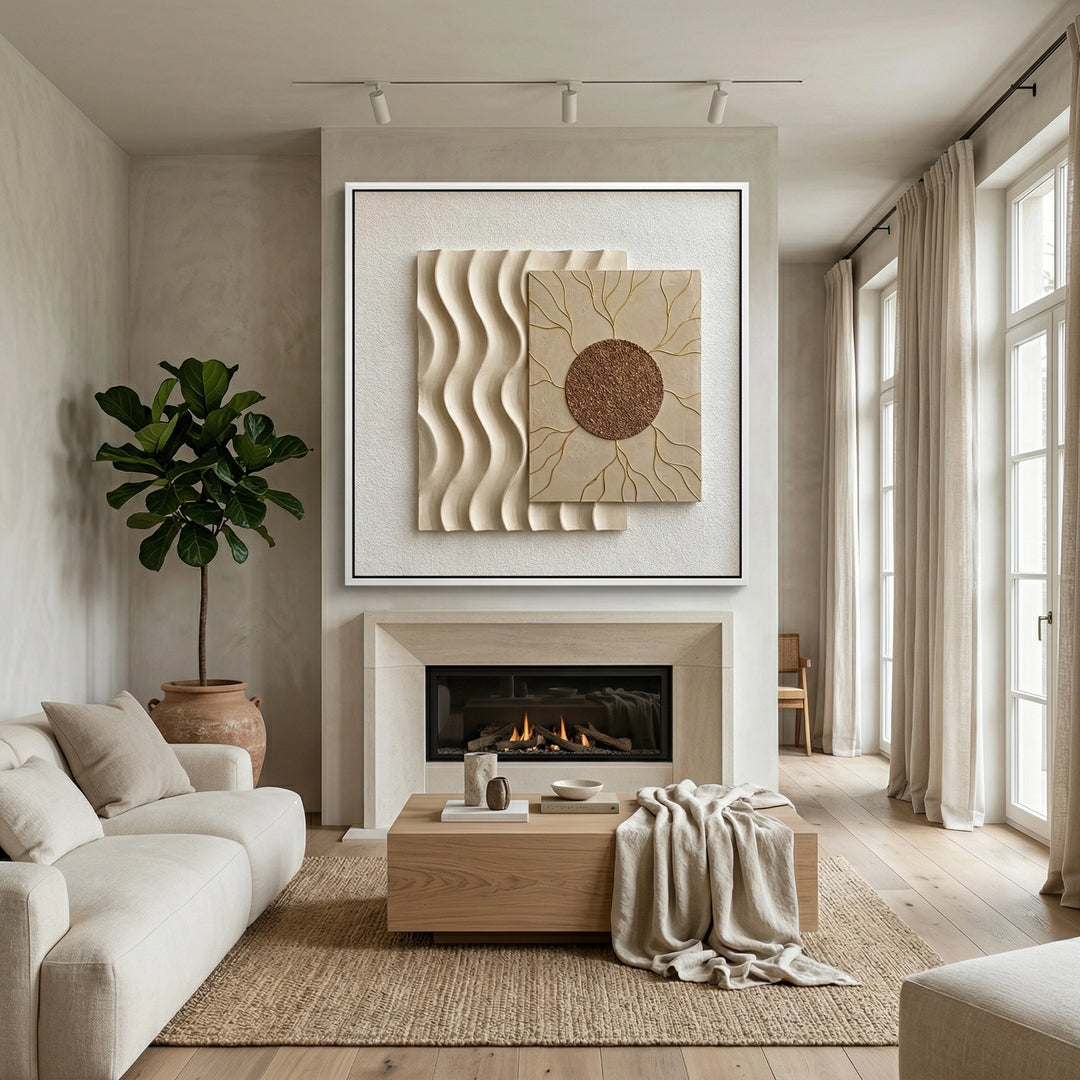 Textured wave art print with warm tones and minimalist design, enhancing elegant UAE interior styling