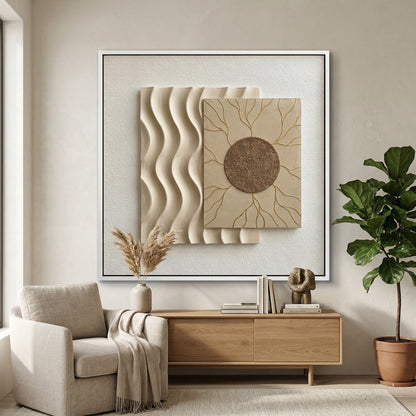 Modern Solar Wave Relief artwork with layered abstract textures and soft golden shades, perfect for sophisticated UAE wall decor