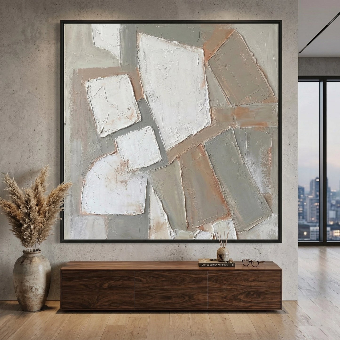 2Abstract 'Stone Mosaic' textured painting with a matte limestone finish and repetitive stone-chip details, premium neutral wall decor available in the UAE.