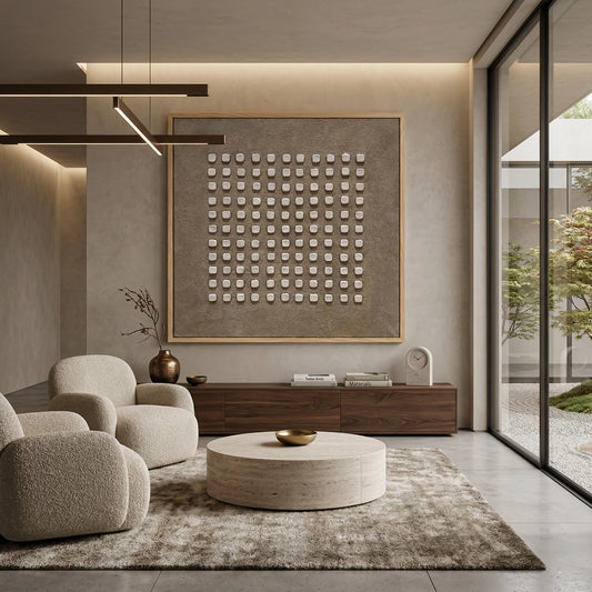 Minimalist 'Stone Rhythm' canvas art with heavy impasto mineral textures and soft shadow play, bringing a grounded 'Desert Modern' aesthetic to a contemporary Abu Dhabi villa.