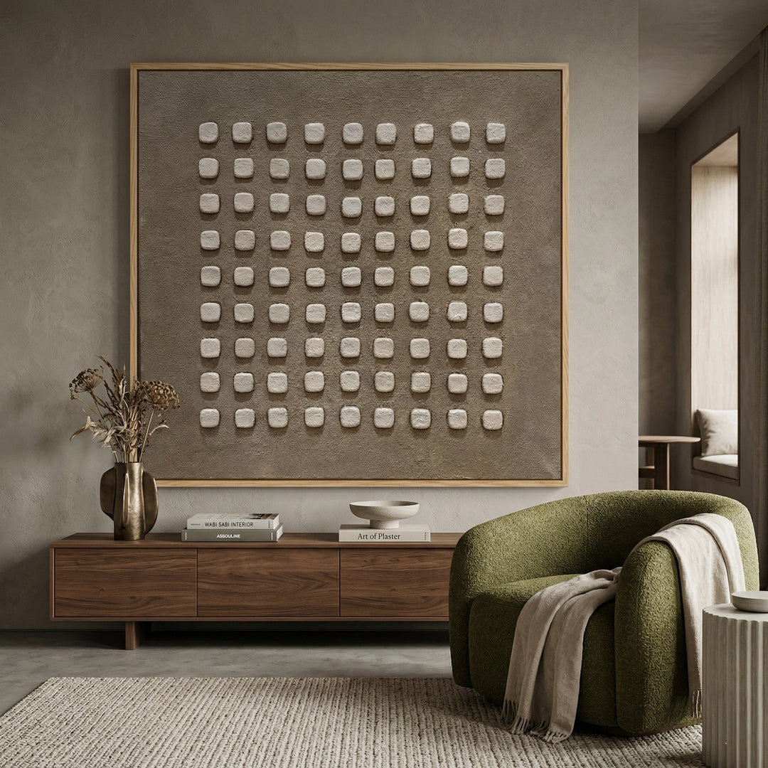 Abstract 'Stone Rhythm' painting with a textured sandstone finish and rhythmic fluted details, premium neutral wall decor available in the UAE.
