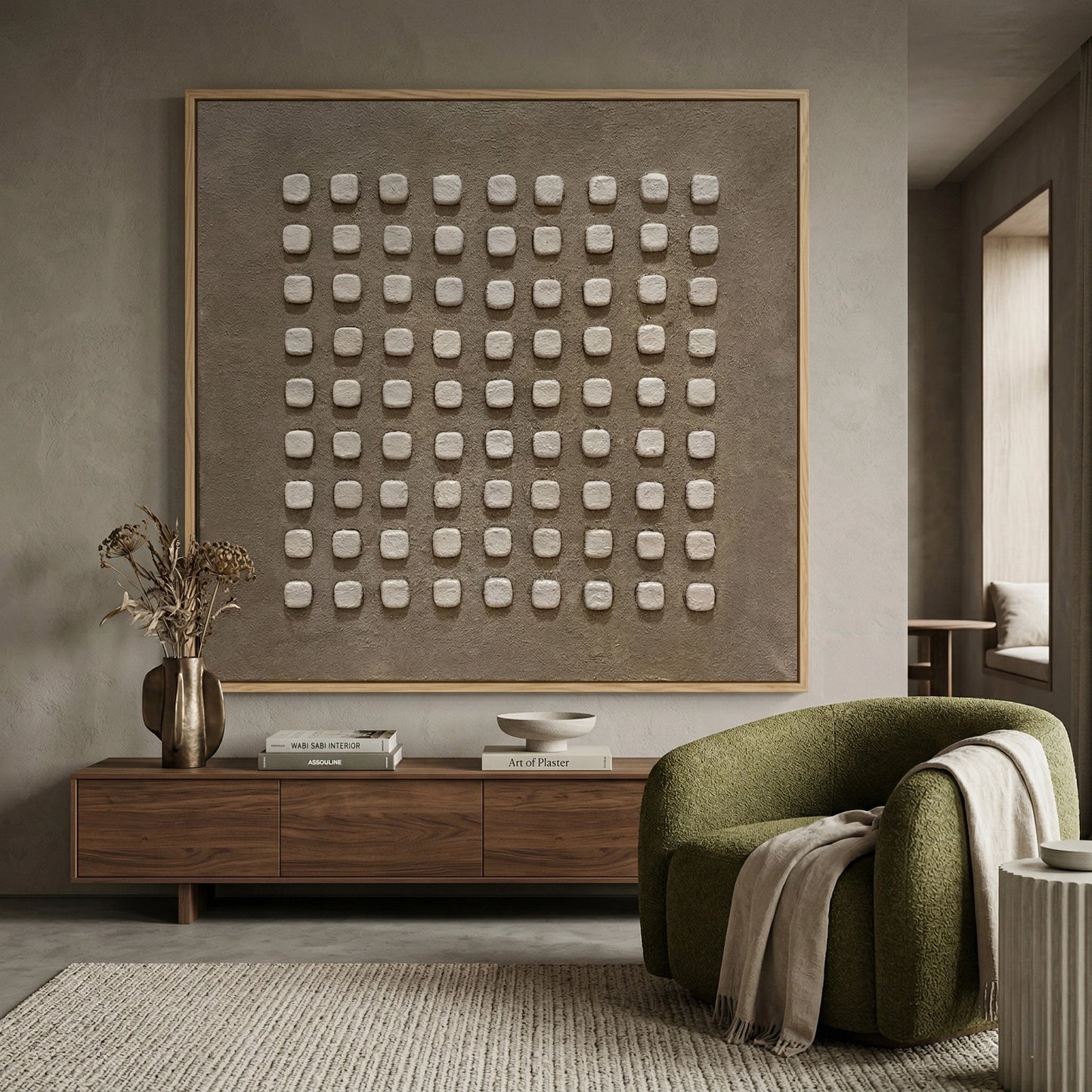 2Abstract 'Stone Rhythm' painting with a textured sandstone finish and rhythmic fluted details, premium neutral wall decor available in the UAE.