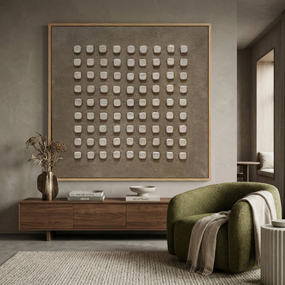 Abstract 'Stone Rhythm' painting with a textured sandstone finish and rhythmic fluted details, premium neutral wall decor available in the UAE.