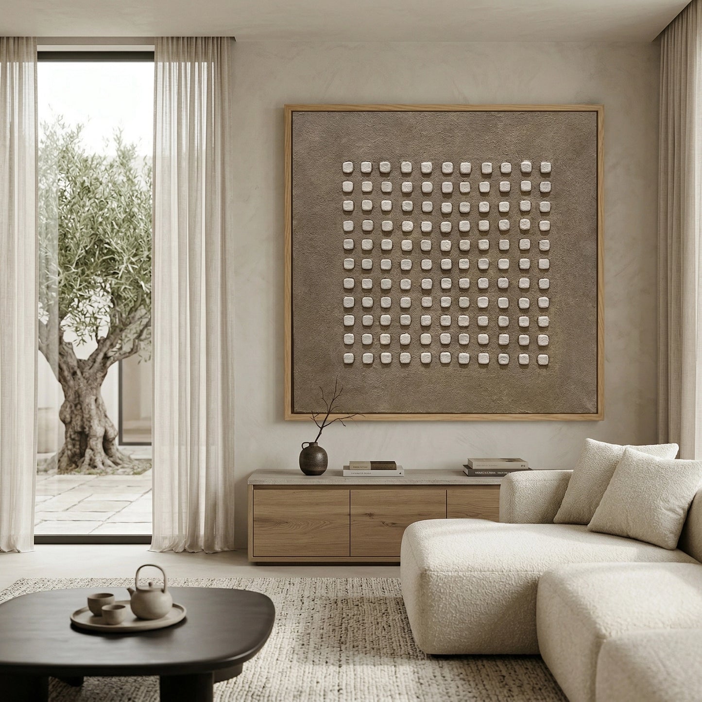 2Sculptural 'Stone Rhythm' coffee table with a ribbed travertine base and clean geometric lines, a unique handcrafted furniture piece for high-end UAE interiors.