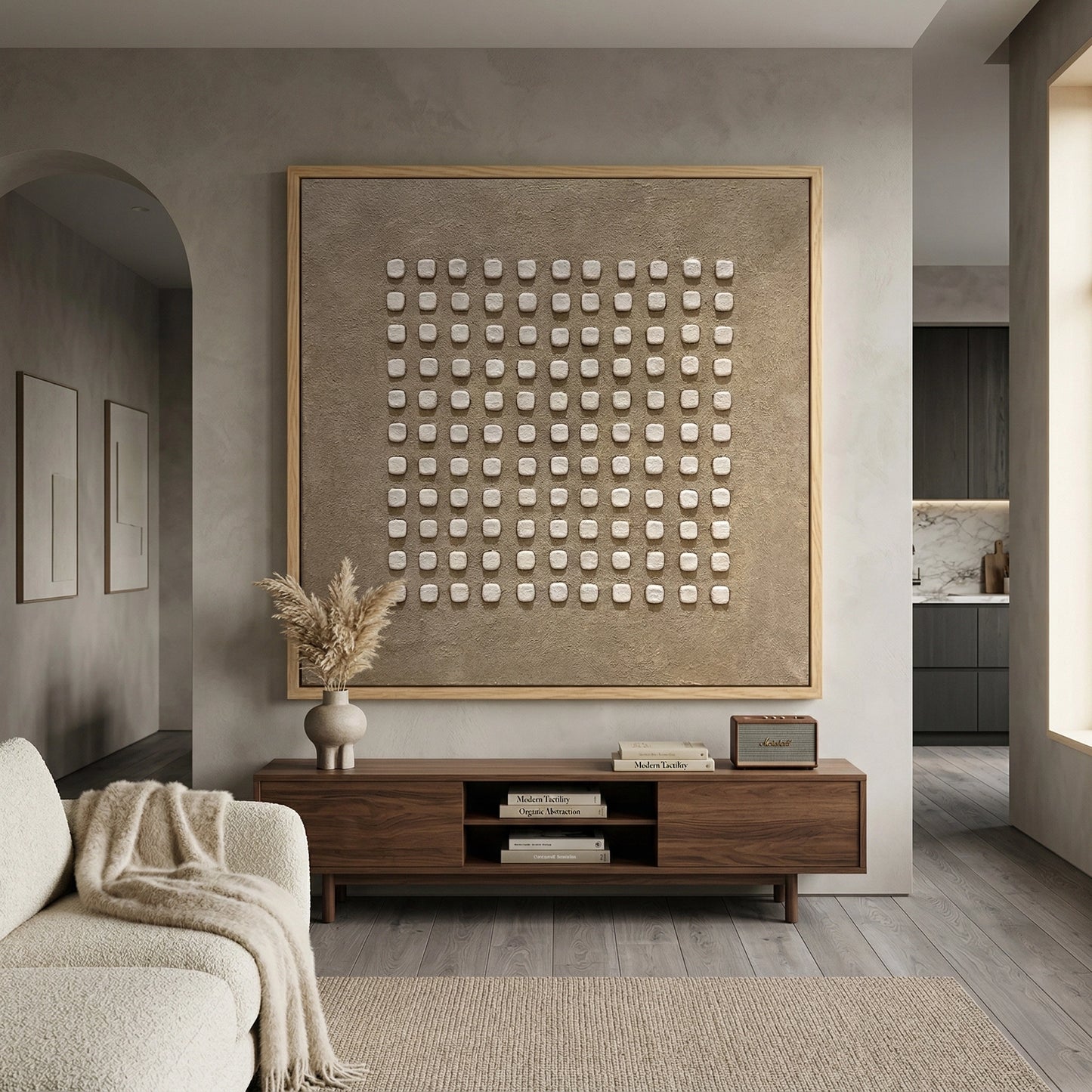 2Matte-finish 'Stone Rhythm' ceramic vase with a raised vertical flute pattern in a natural bone glaze, a chic accessory for a modern Dubai home office.