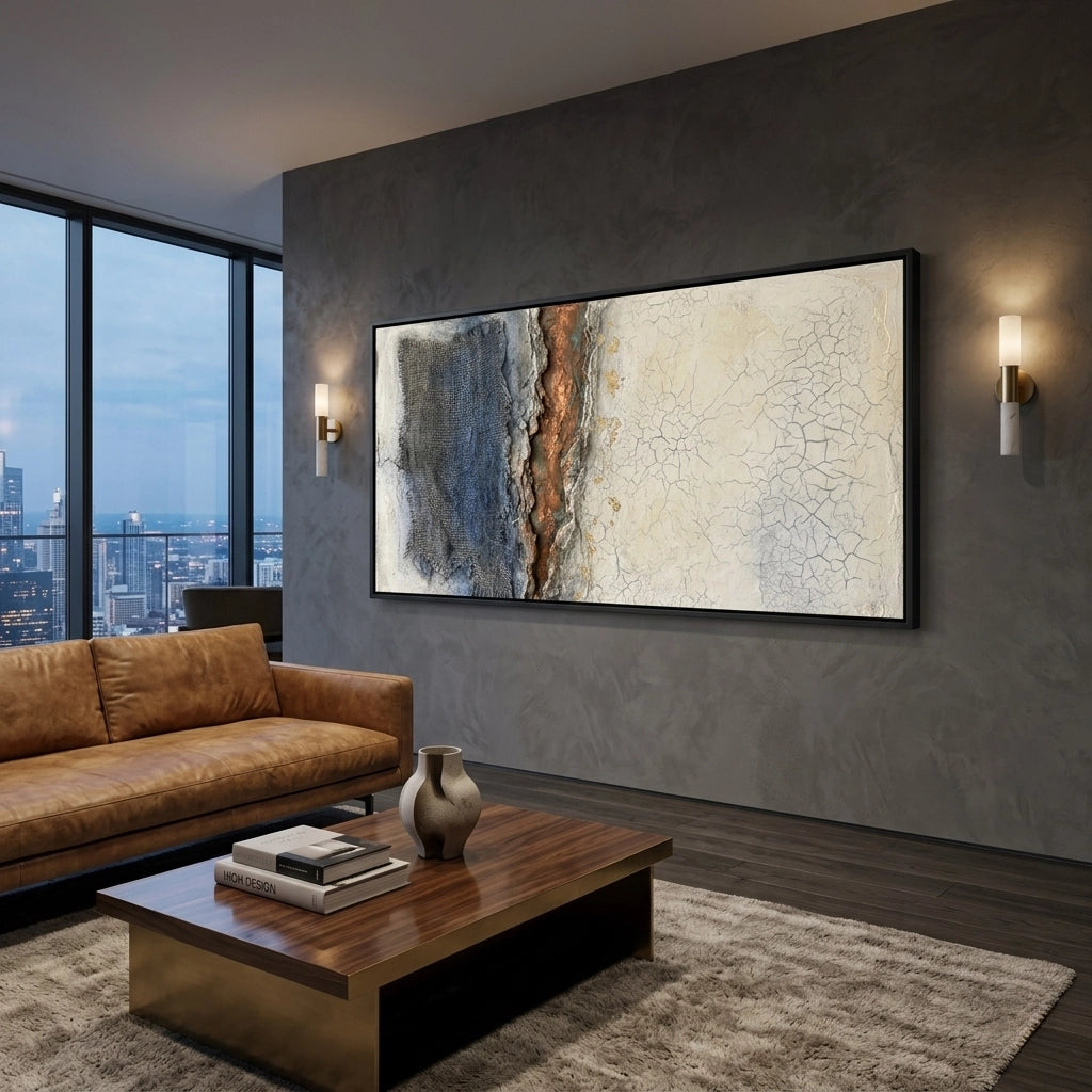 Tattered Horizon abstract landscape wall art featuring sunset orange and charcoal grey tones, perfect for modern UAE home office decor