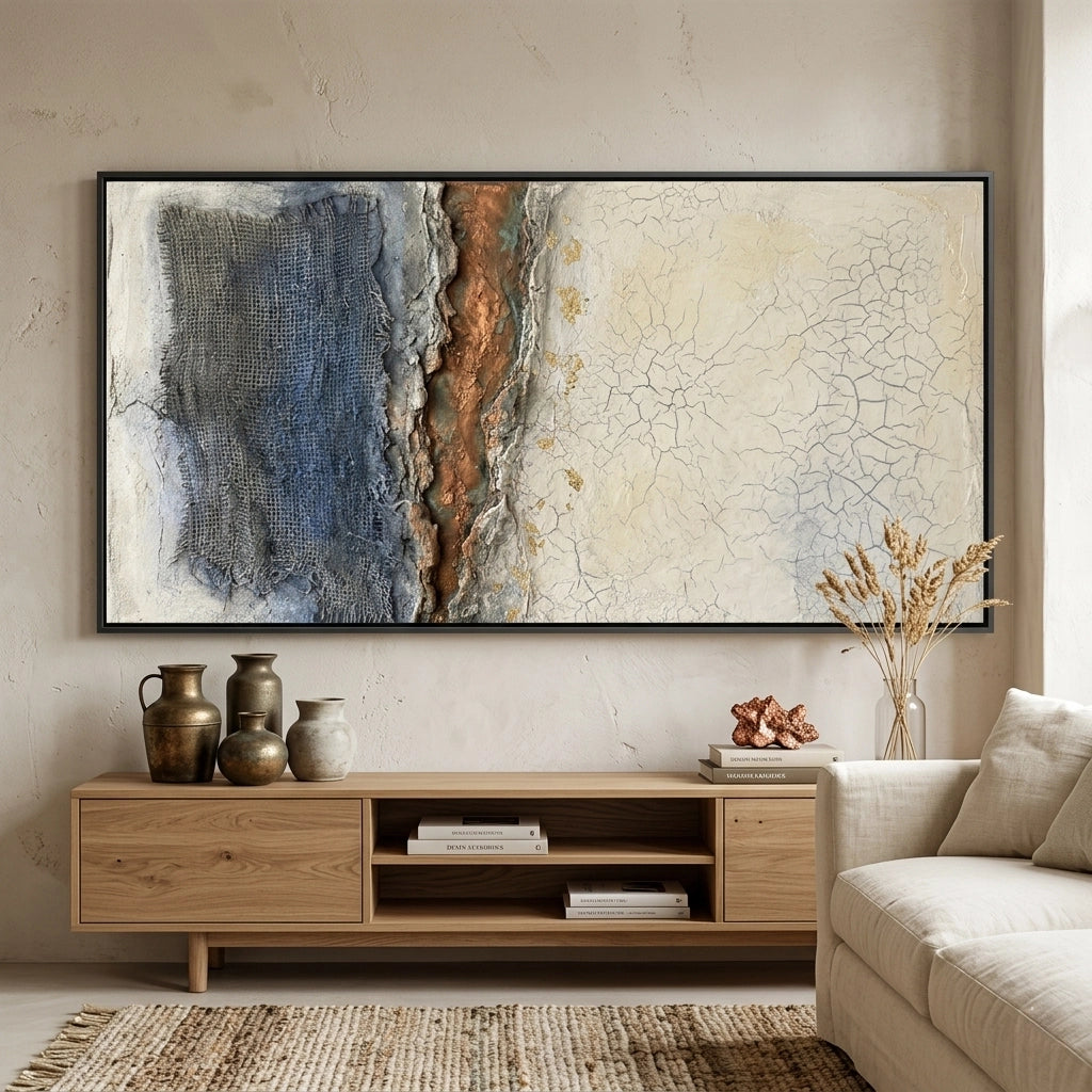 2lose-up of Tattered Horizon collection item showing detailed weathered textures and earthy color palette, available at [jasmine art] UAE