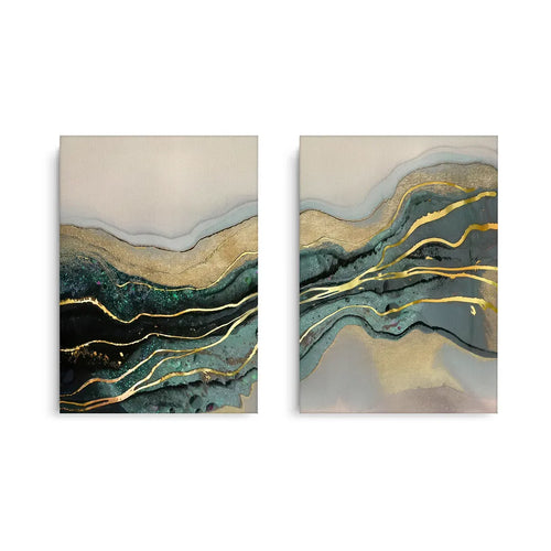 Set of 2 Canvas art prints, abstract emerald and gold wave pattern, unframed diptych wall decor, UAE Dubai.