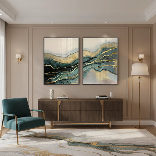 Abstract Fine Art diptych mockup in luxury living room setting, emerald and gold wave decor, UAE interior.