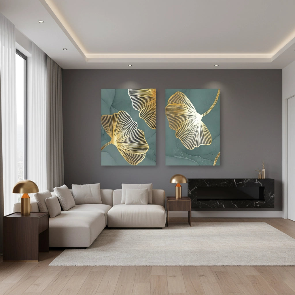 Teal & Gold Ginkgo Set of 2 - Canvas - Jasmineart.ae