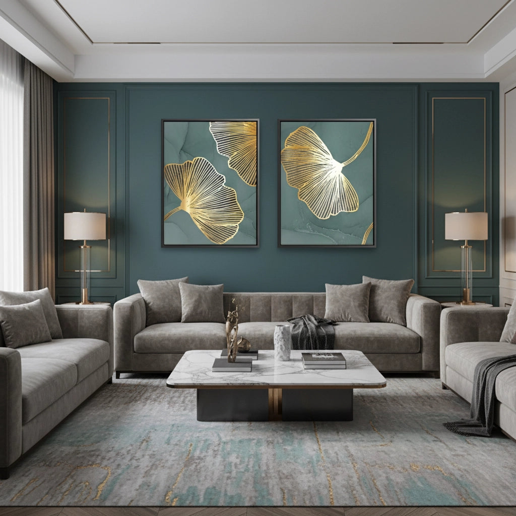 2Teal & Gold Ginkgo Set of 2 - Canvas