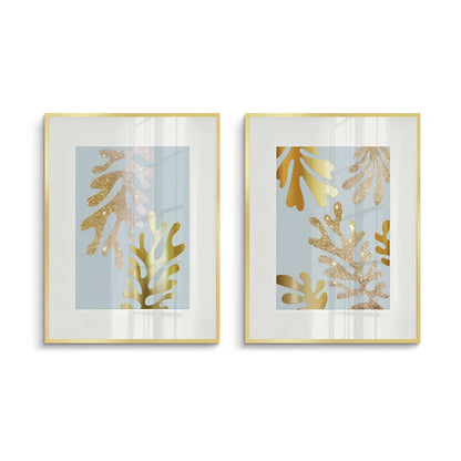 Gold Glitter Abstract Leaves Set of 2 - Fine Art