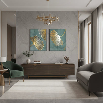 Teal & Gold Ginkgo Set of 2 - Fine Art