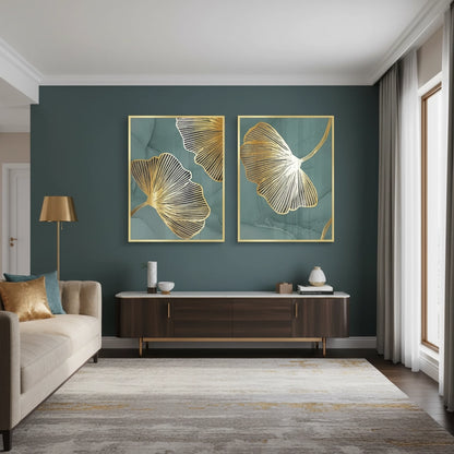 Teal & Gold Ginkgo Set of 2 - Fine Art