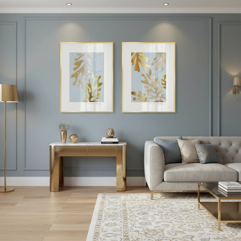 2Gold Glitter Abstract Leaves Set of 2 - Fine Art