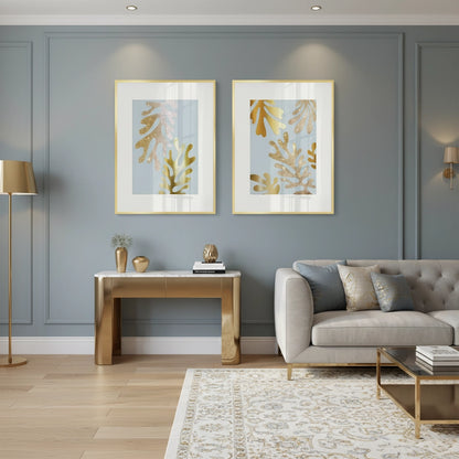 Gold Glitter Abstract Leaves Set of 2 - Fine Art