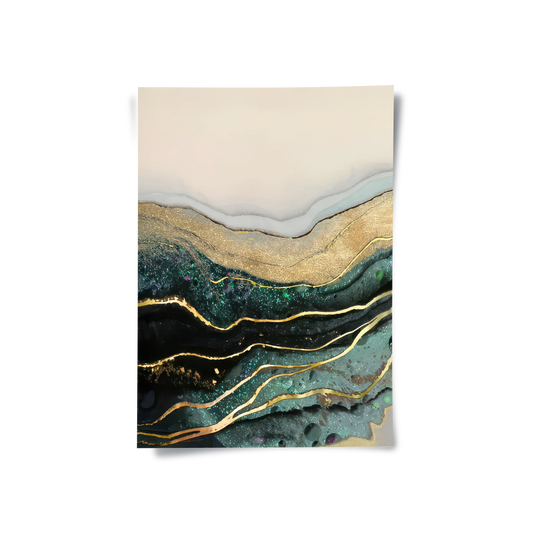 Abstract emerald and gold marble swirl poster art, glitter detail, modern wall decor, UAE Dubai