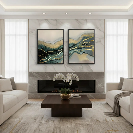 Luxury living room mockup with Canvas diptych, abstract gold and teal art, black frame, modern interior Dubai.