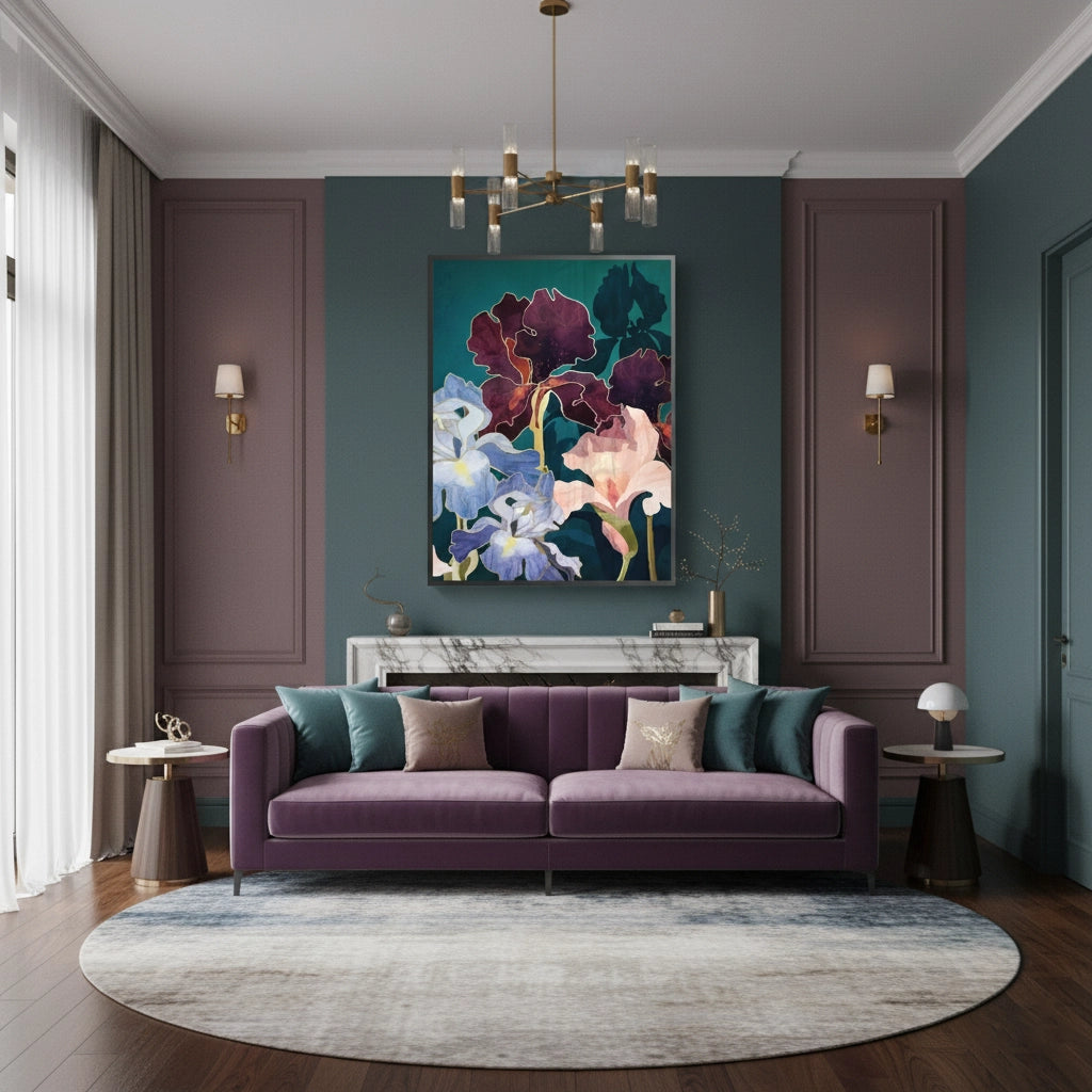 Teal and Burgundy Floral - Fine Art - Jasmineart.ae