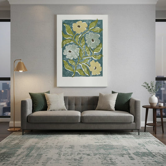 Teal and Sage Green Abstract Floral - Canvas