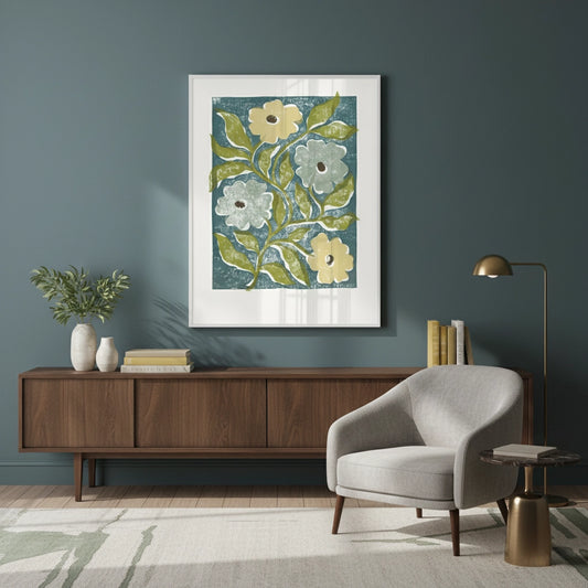 Teal and Sage Green Abstract Floral - Fine Art