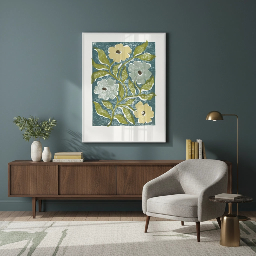 Teal and Sage Green Abstract Floral - Fine Art - Jasmineart.ae