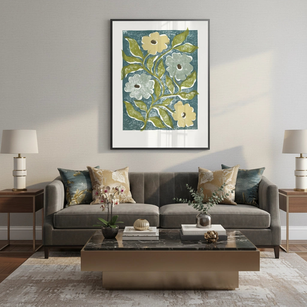 2Teal and Sage Green Abstract Floral - Fine Art