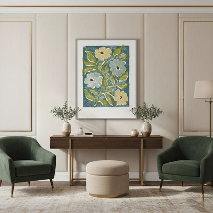 Teal and Sage Green Abstract Floral - Fine Art