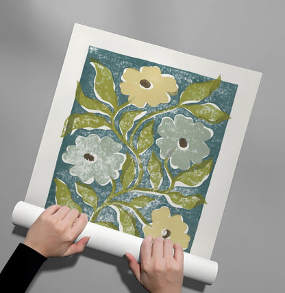 Teal and Sage Green Abstract Floral - Poster