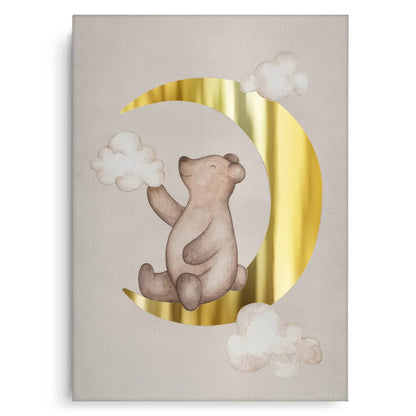 Teddy Bear Sitting on Gold Moon - Canvas