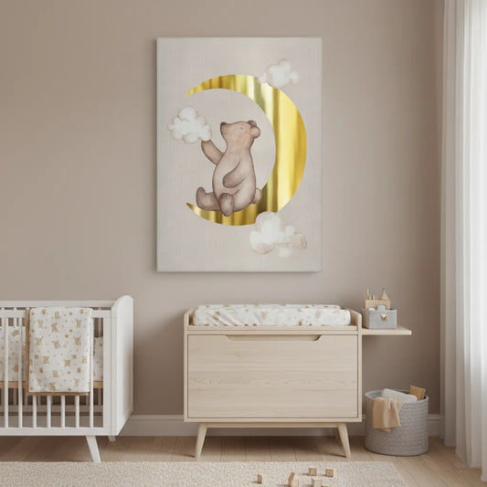 Teddy Bear Sitting on Gold Moon - Canvas