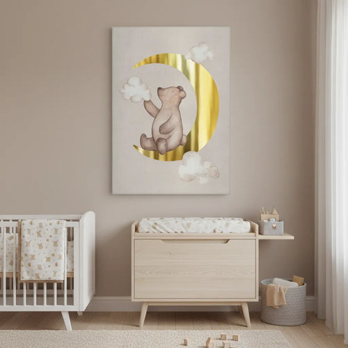 Teddy Bear Sitting on Gold Moon - Canvas