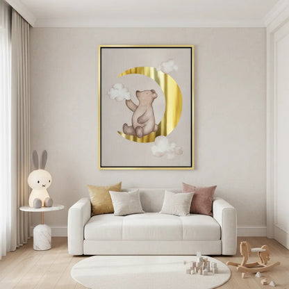 Teddy Bear Sitting on Gold Moon - Canvas