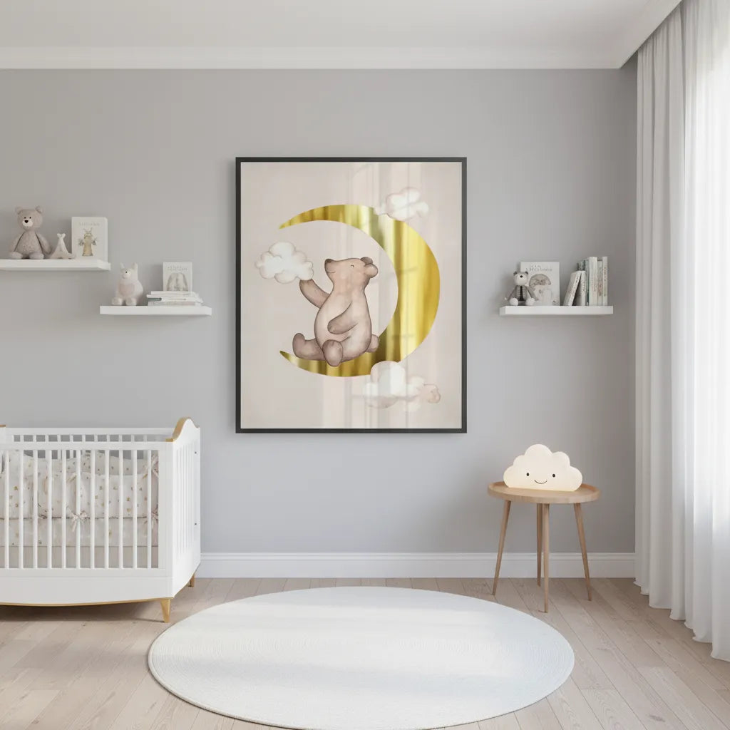 Teddy Bear Sitting on Gold Moon - Fine Art - Jasmineart.ae