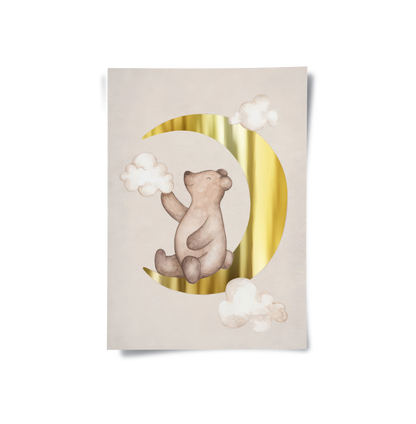 Teddy Bear Sitting on Gold Moon - Poster