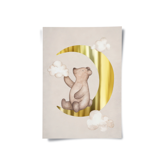 Teddy Bear Sitting on Gold Moon - Poster