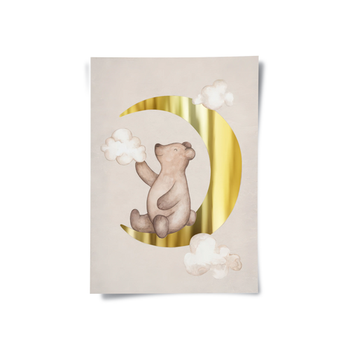 Teddy Bear Sitting on Gold Moon - Poster