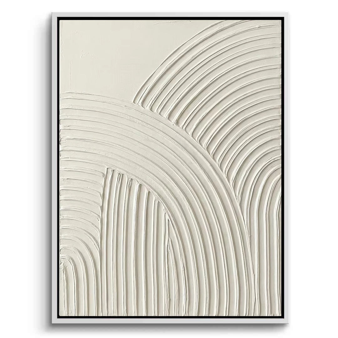 2Hand-textured cream arches plaster art on a large canvas, a sophisticated architectural statement piece for a luxury Dubai villa.