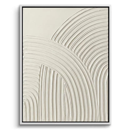Hand-textured cream arches plaster art on a large canvas, a sophisticated architectural statement piece for a luxury Dubai villa.